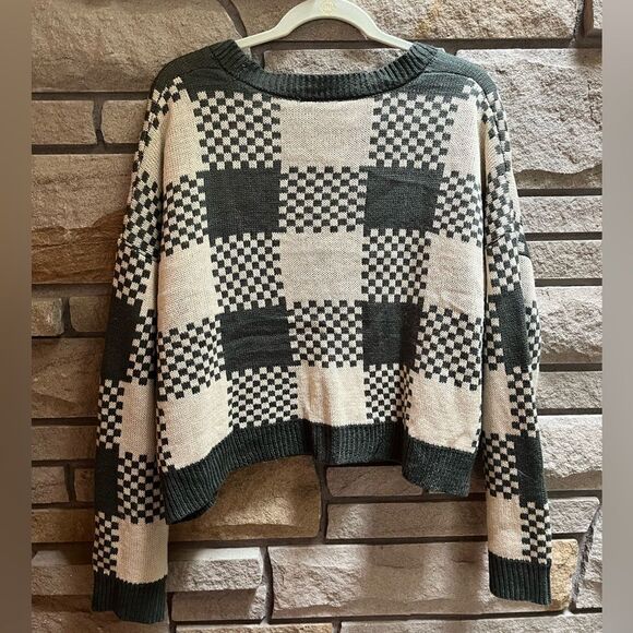 No Boundaries V-Neck Checkered Cardigan Size XXXL Juniors Rib Trim Preppy Green - Picture 8 of 10